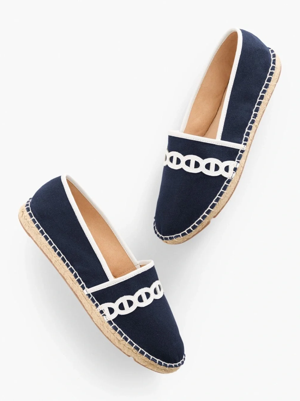 TALBOTS NIB 10 1/2 Izzy Chain Canvas Espadrille Flats in Indigo Blue / White NWT